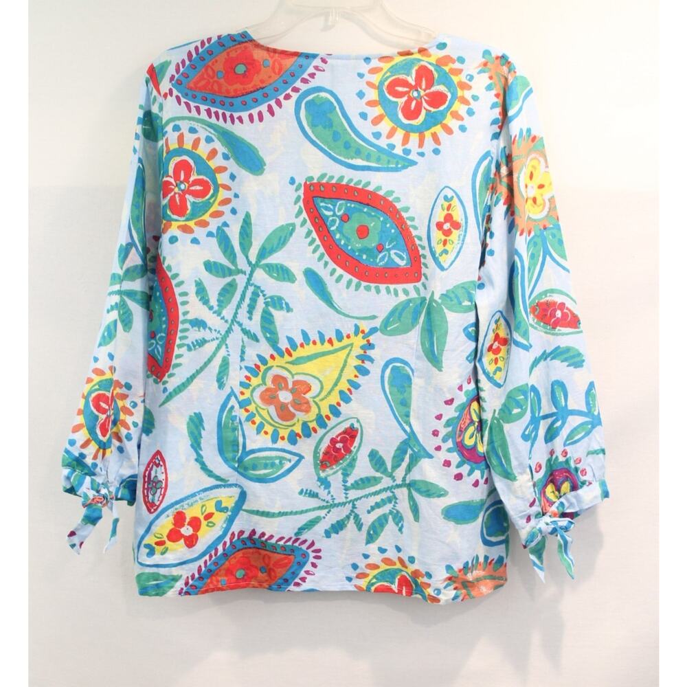 Hester Orchard Linen Blend Top Womens size L Blue Floral Topical Summer Blouse - Picture 4 of 10